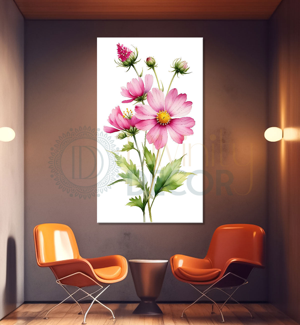 Pink flowers in white textured background painting - Flower-V-687