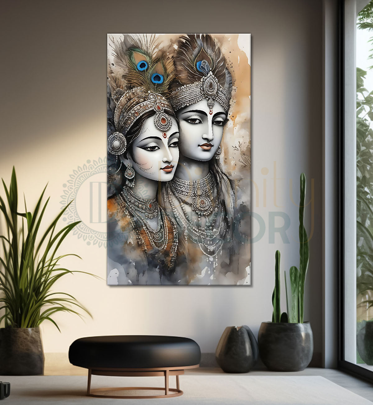 Krishna with radha in grey and light brown water colour textured art Canvas Painting - Design - Krishna-V-68