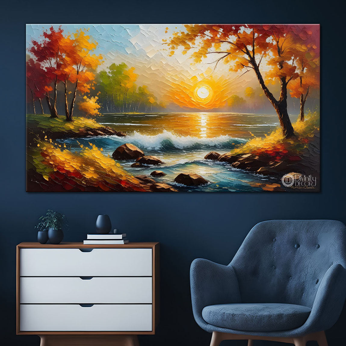 Orange trees and lake painting Canvas Painting - Nature Art -691