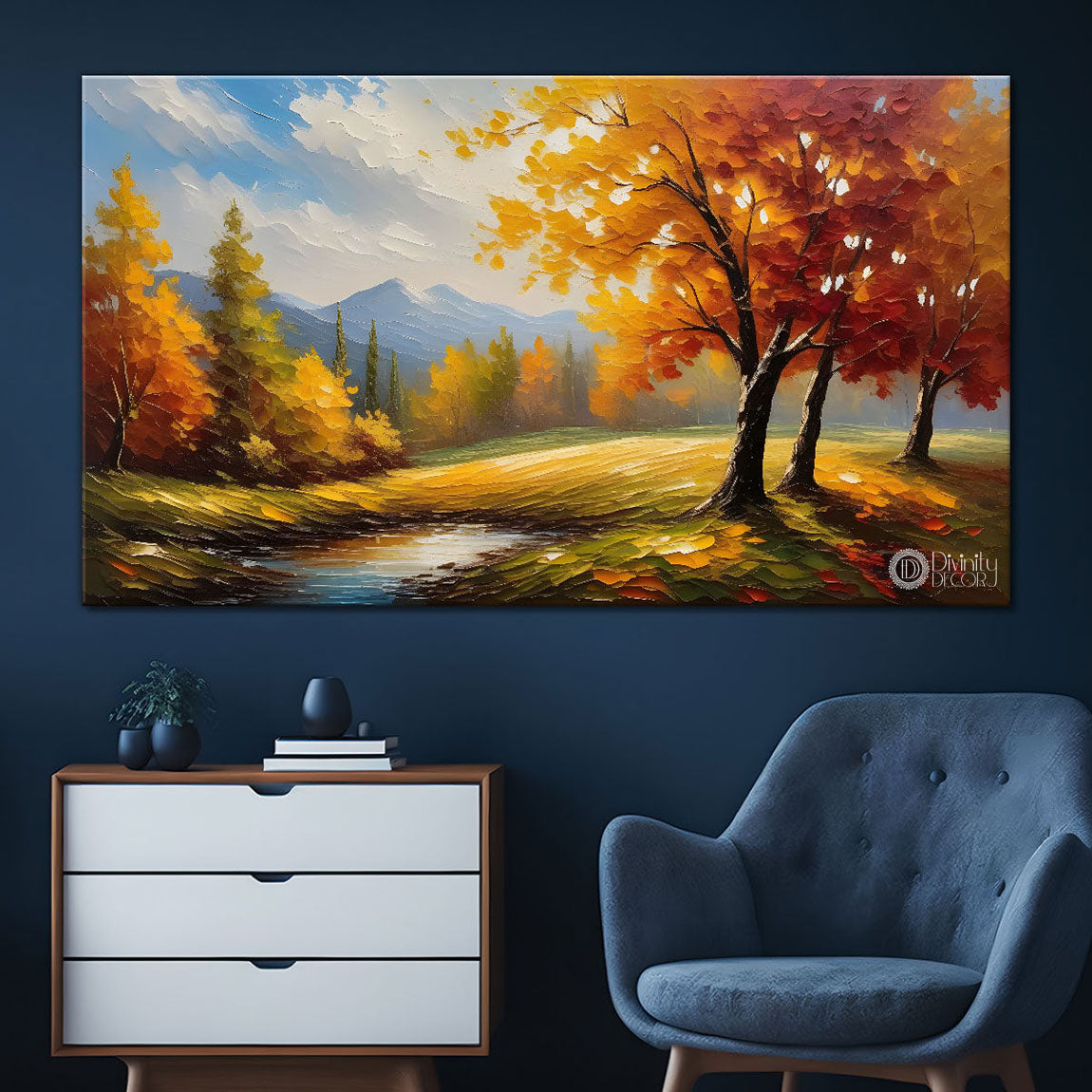Orange trees with lake textured painting Canvas Painting - Nature Art -694