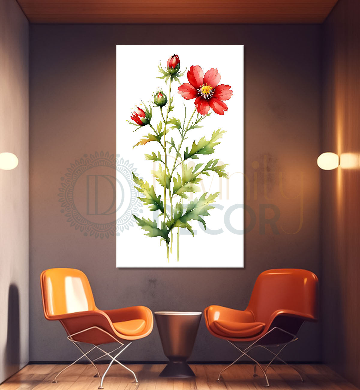 Red flowers in white textured background painting - Flower-V-695