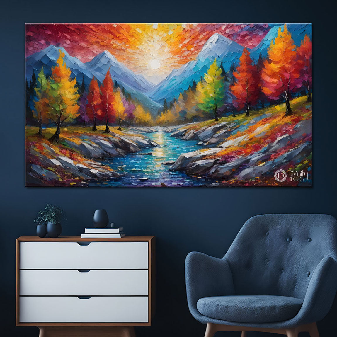 Mountains with colorful trees and lake painting Canvas Painting - Nature Art -696