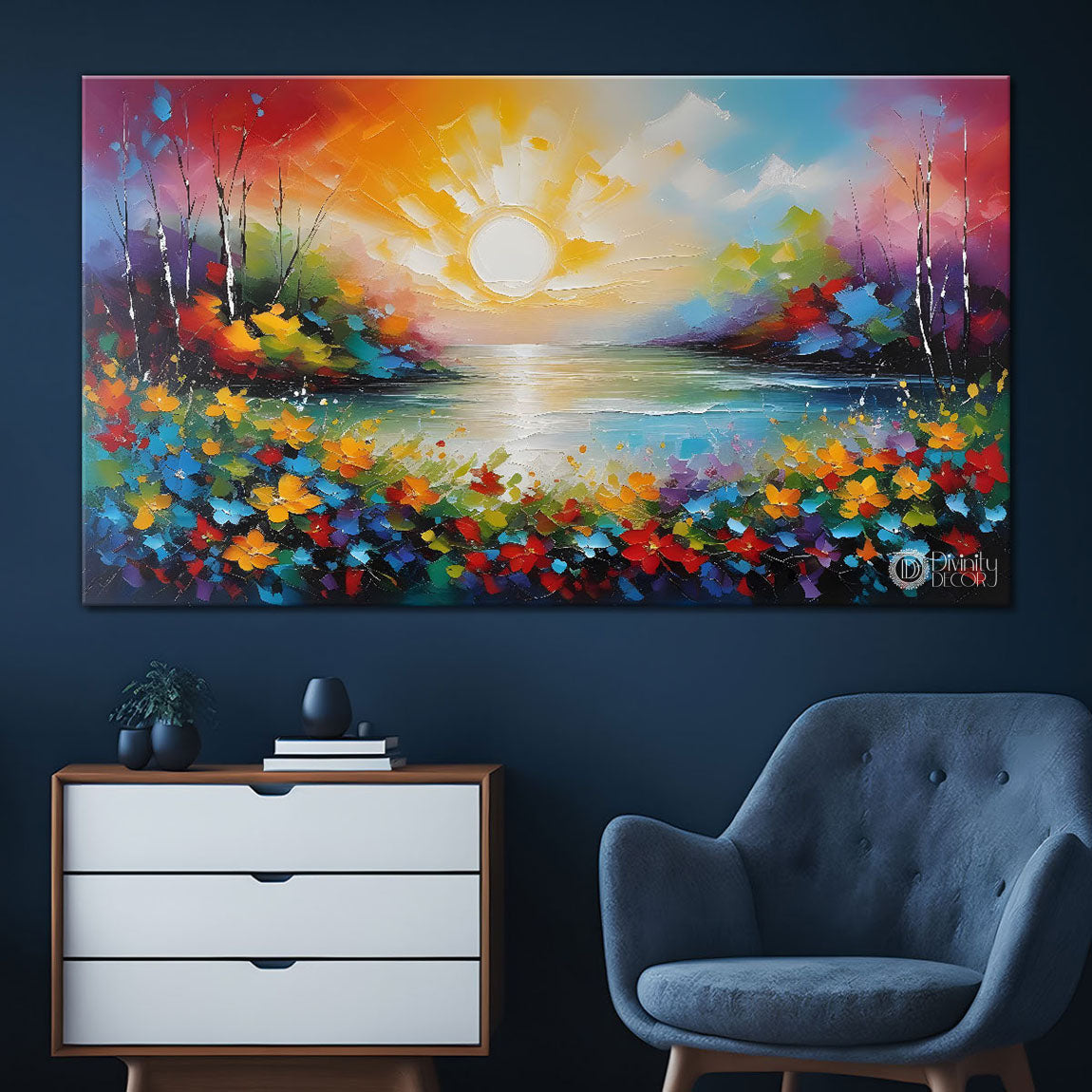 Colorful flowers with lake textured painting Canvas Painting - Nature Art -697