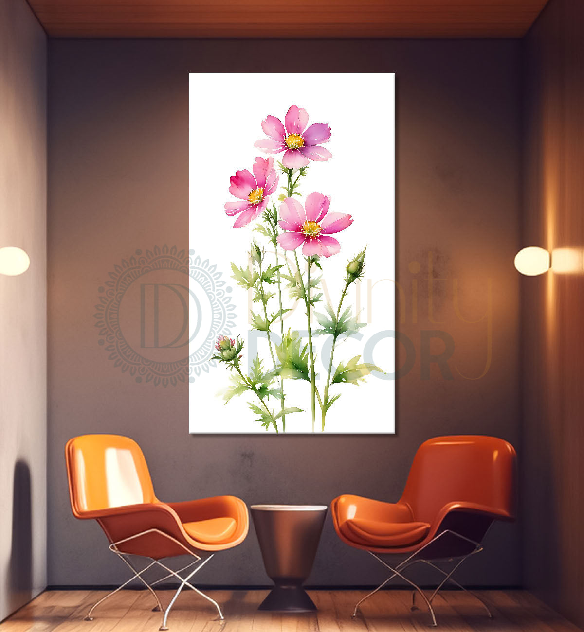 Pink flowers in white textured background painting - Flower-V-697
