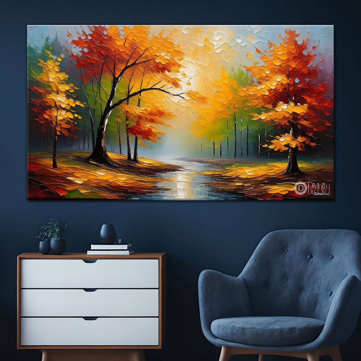 Orange trees with lake painting Canvas Painting - Nature Art -698