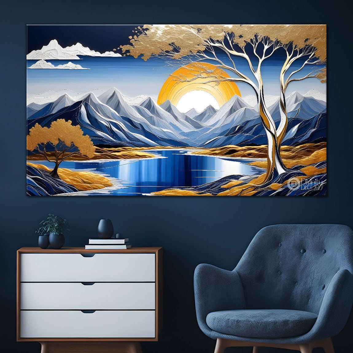 Mountains with moon and trees in golden painting Canvas Painting - Nature Art -702