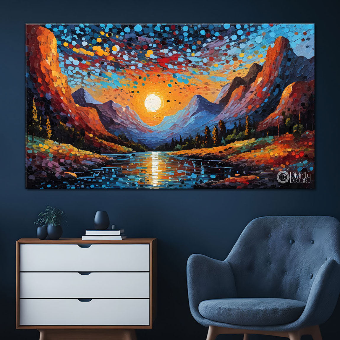 Mountains with sun with lake and stars painting Canvas Painting - Nature Art -703