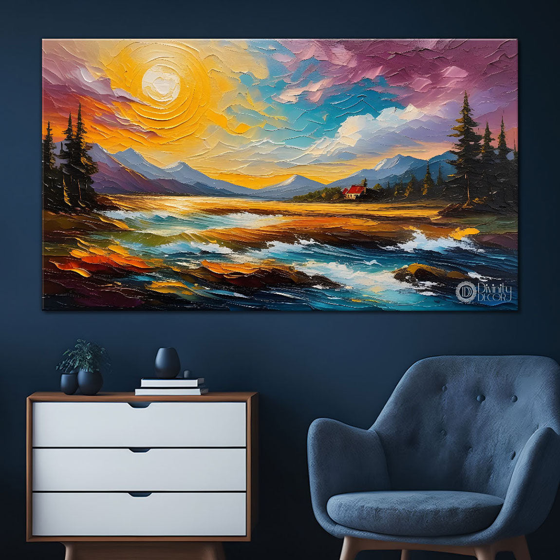 Mountains with lake in colorful sky painting Canvas Painting - Nature Art -707