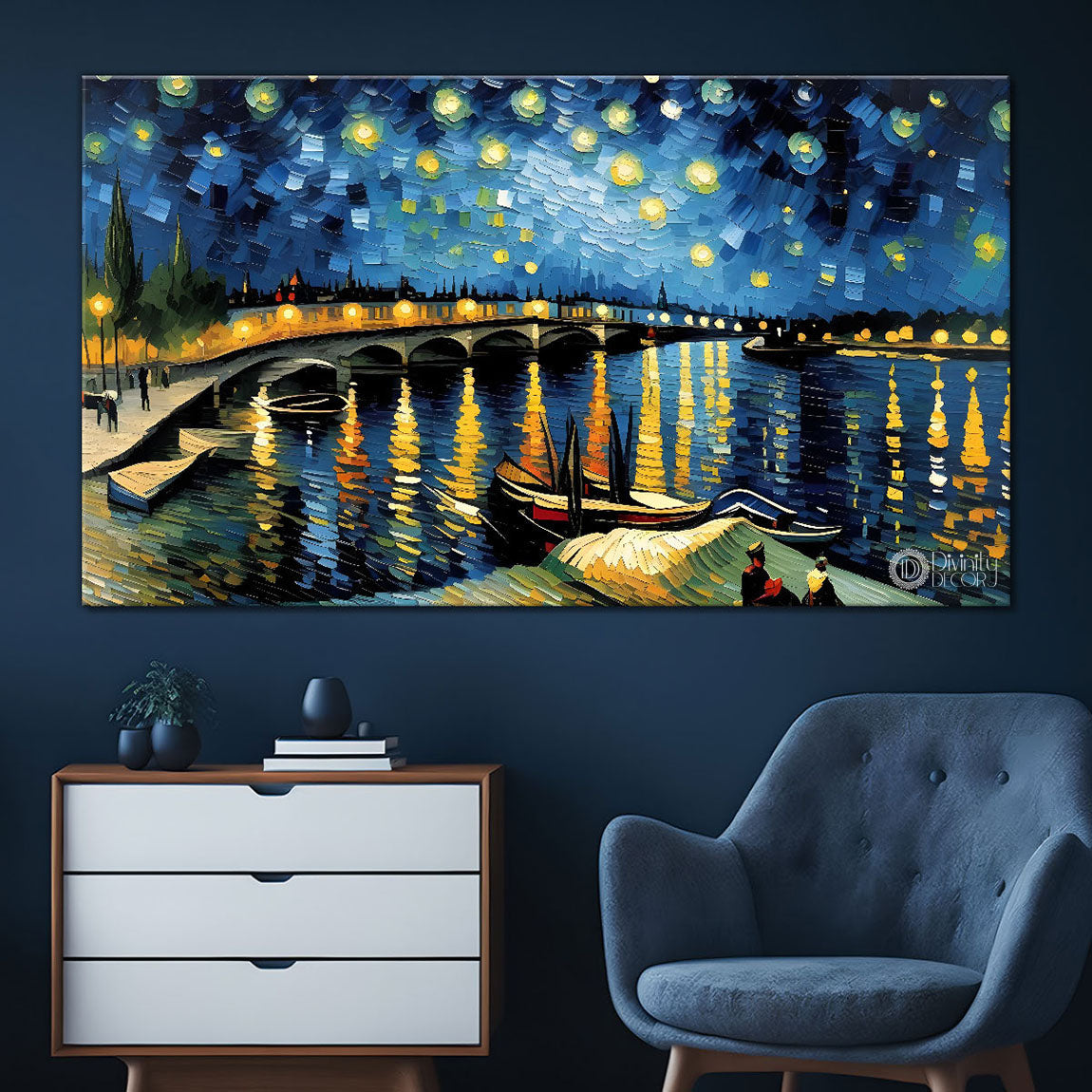 Blue sky with lake and bridge painting Canvas Painting - Nature Art -708