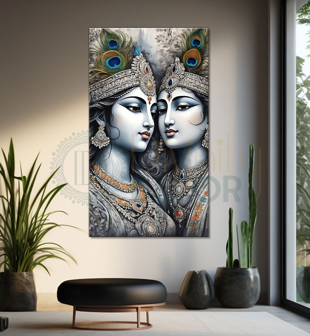 Krishna with radha in grey and light brown water colour textured art Canvas Painting - Design - Krishna-V-70