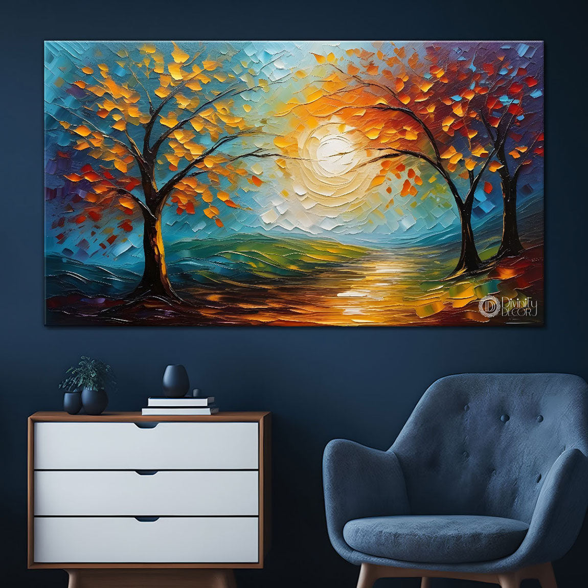 Colorful trees with sun painting Canvas Painting - Nature Art -712
