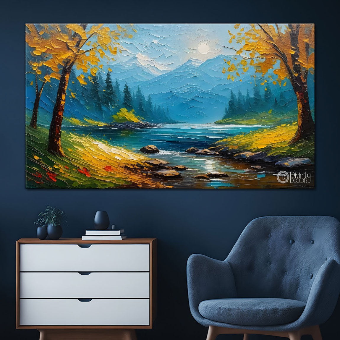 Yellow trees with lake painting Canvas Painting - Nature Art -713