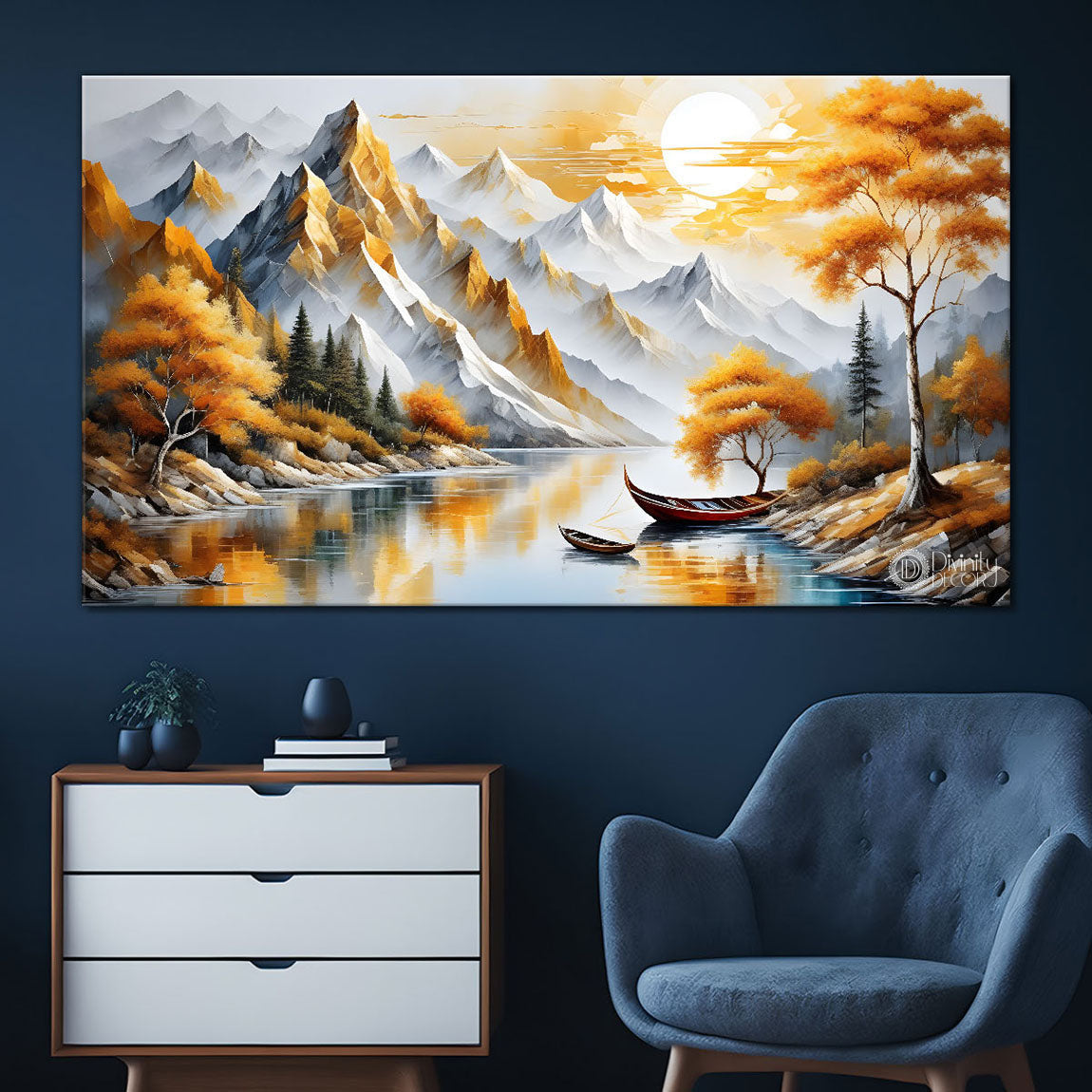 Mountains with yellow trees textured painting Canvas Painting - Nature Art -714