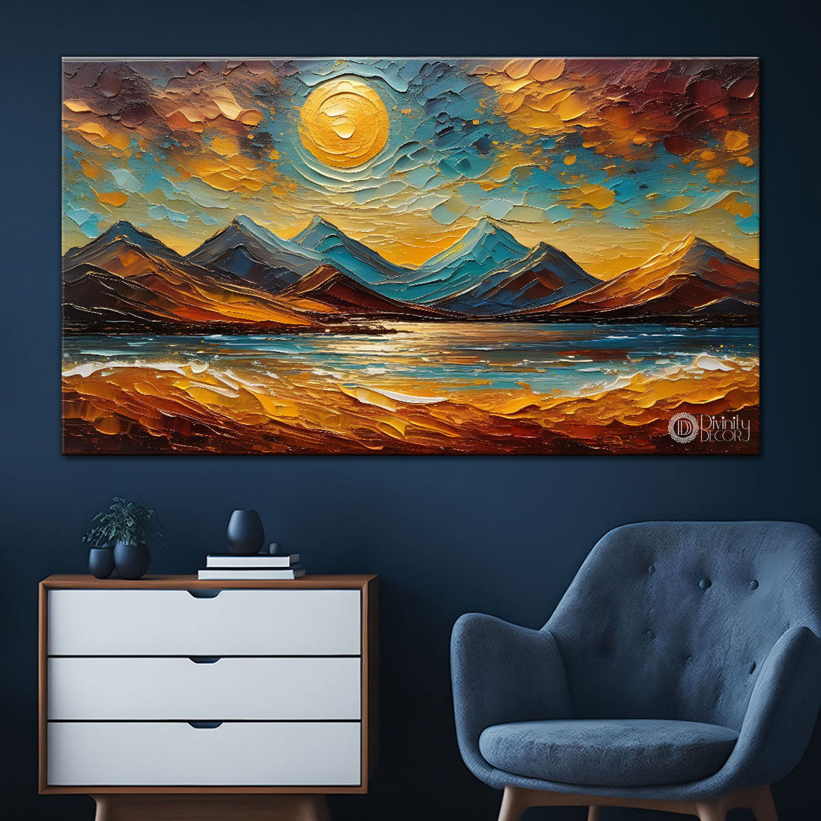 Mountains with moon in textured painting Canvas Painting - Nature Art -718