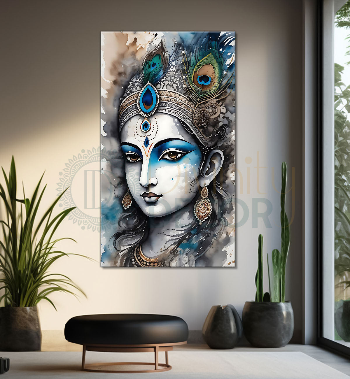 Blue face of krishna in grey and light brown water colour textured art Canvas Painting - Design - Krishna-V-71