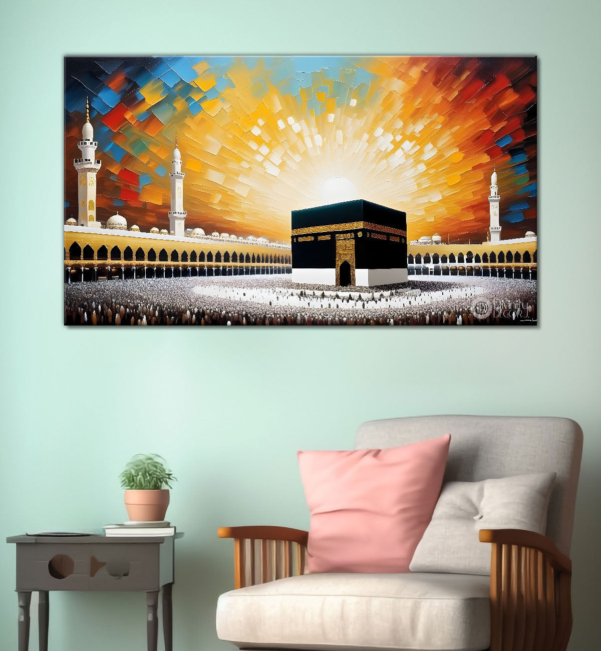 Makkah Madinah with sunrise textured modern art Canvas Painting - Islamic paintings - 72