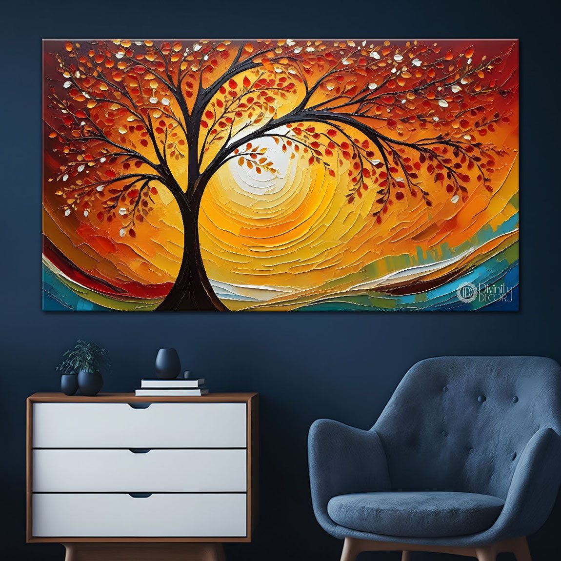 Orange tree with sun textured painting Canvas Painting - Nature Art -722