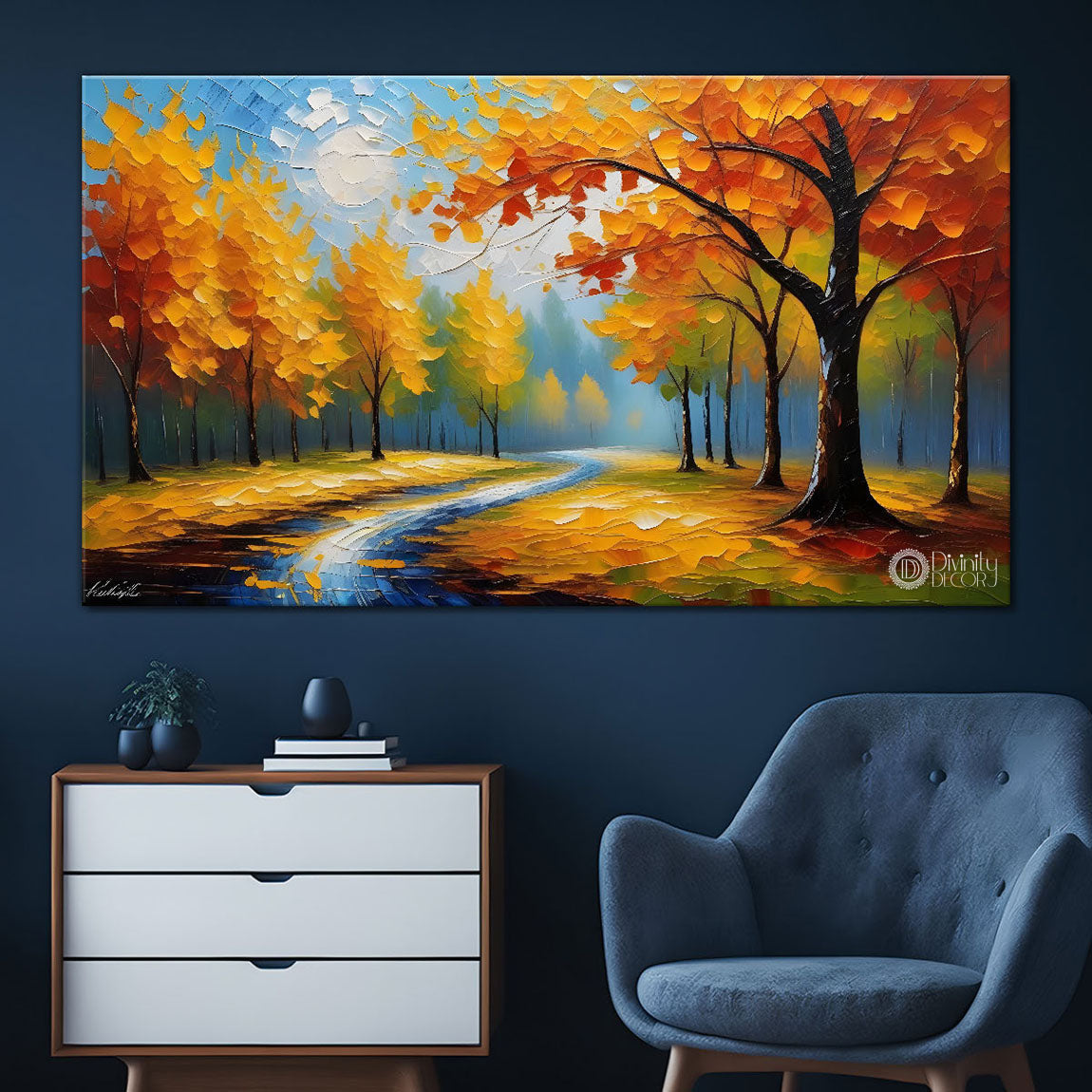 Orange treed with lake painting Canvas Painting - Nature Art -723