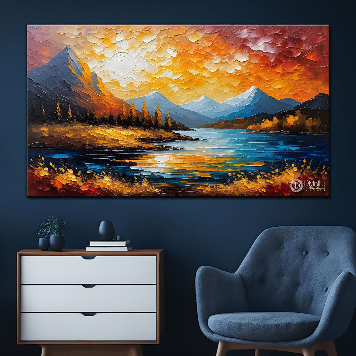 Mountains with orange sky painting Canvas Painting - Nature Art -724