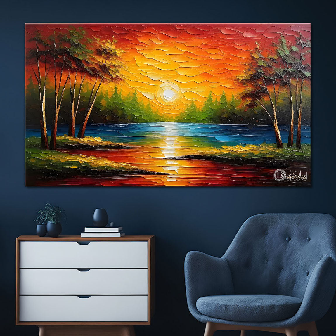 Trees with sunset painting Canvas Painting - Nature Art -728