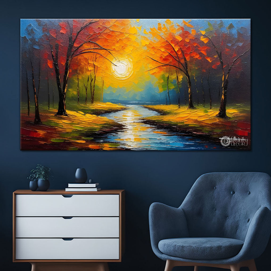 Orange trees with lake painting Canvas Painting - Nature Art -731