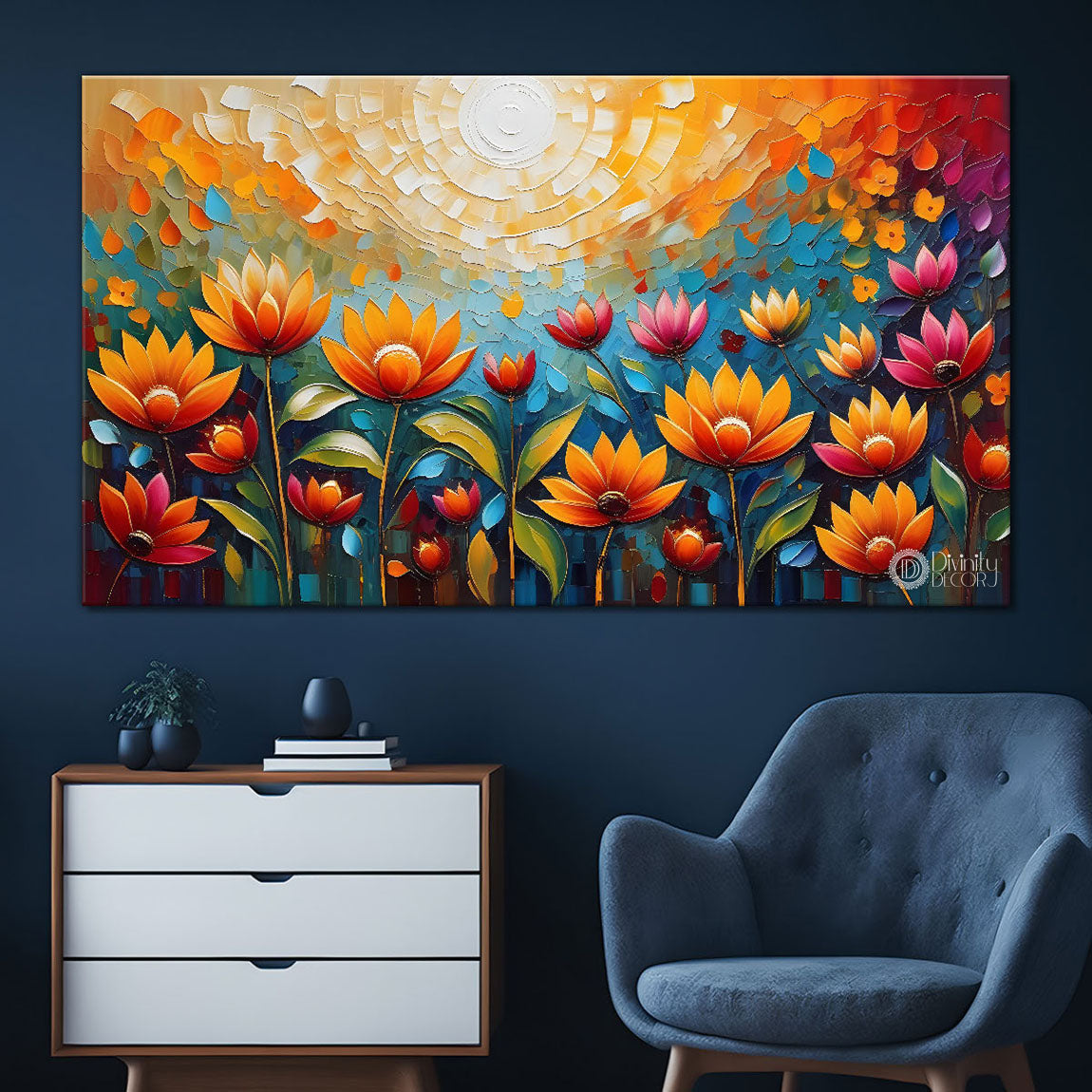 Colorful flowers with sun textured painting Canvas Painting - Nature Art -734