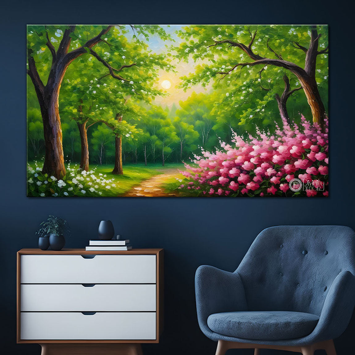 Green trees with pink flowers painting Canvas Painting - Nature Art -736