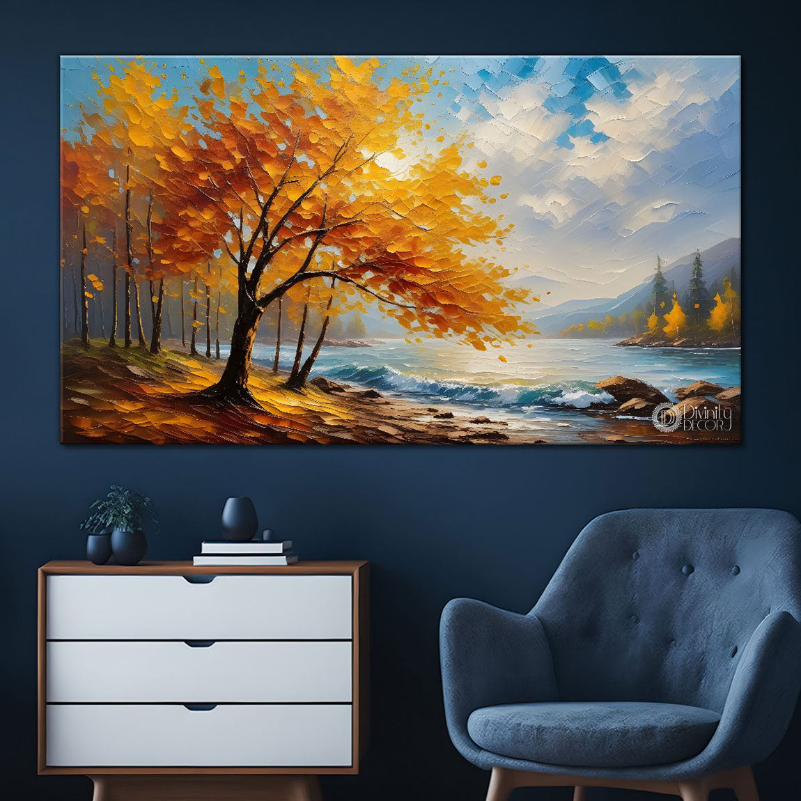 Orange tree with river painting Canvas Painting - Nature Art -737