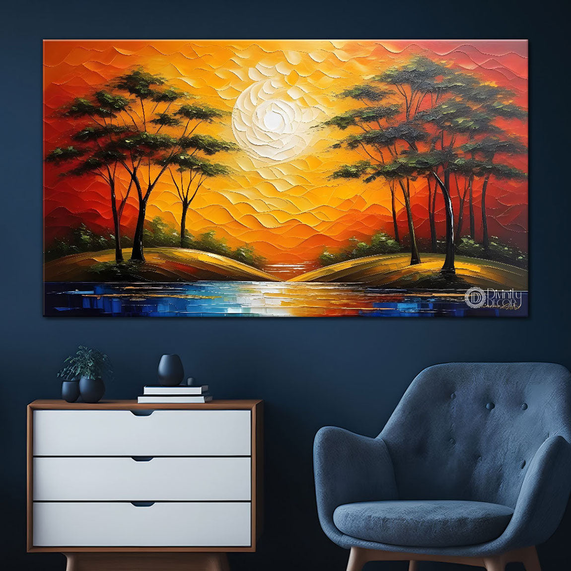 Trees with sunset and lake painting Canvas Painting - Nature Art -739
