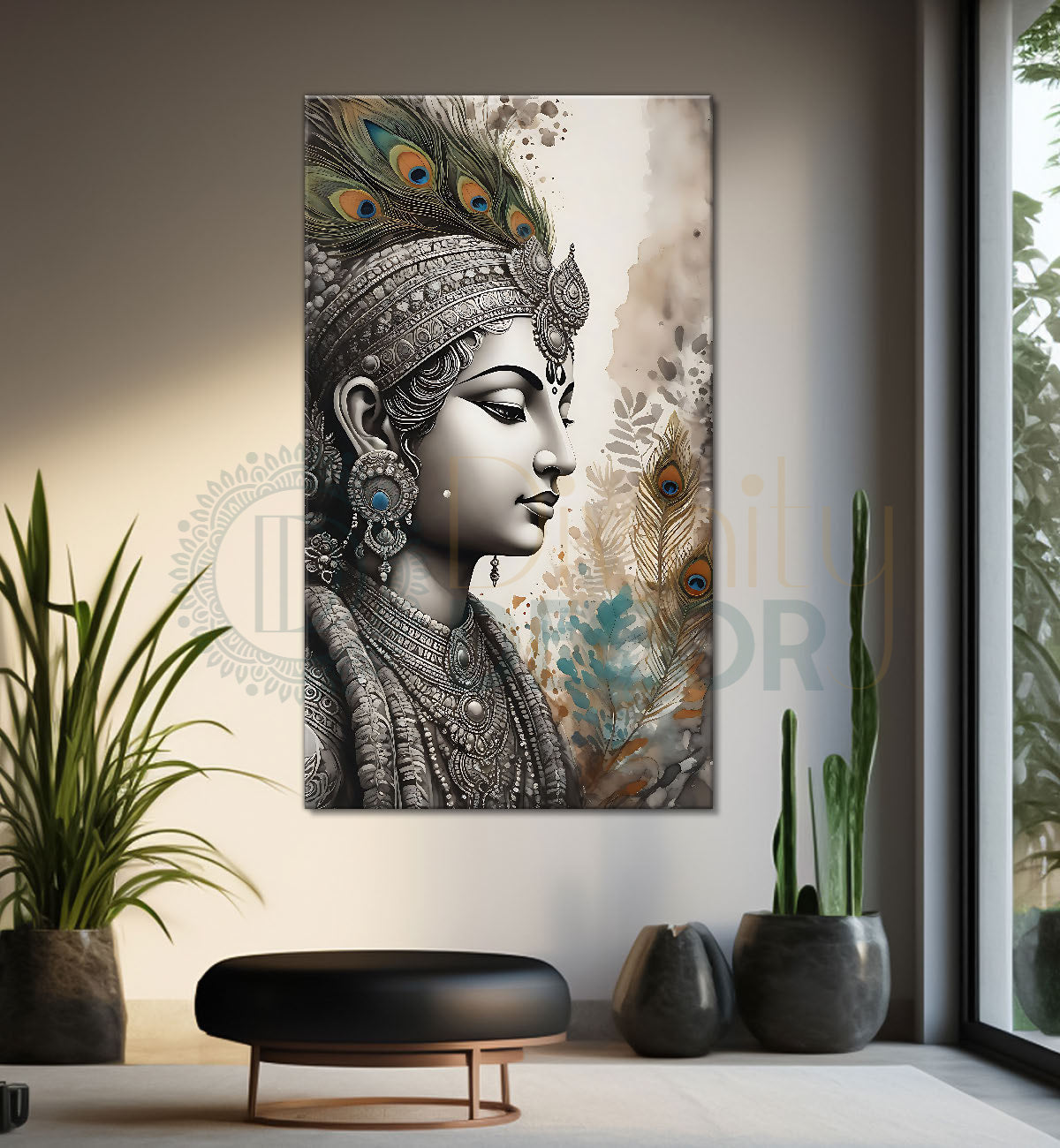Krishna in grey and light brown water colour textured art Canvas Painting - Design - Krishna-V-73