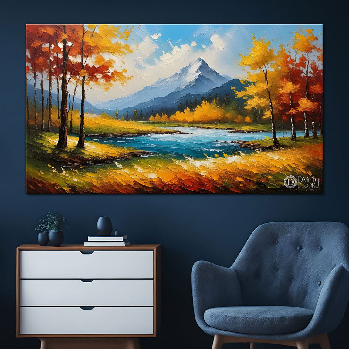 Mountains with orange trees and lake painting Canvas Painting - Nature Art -740