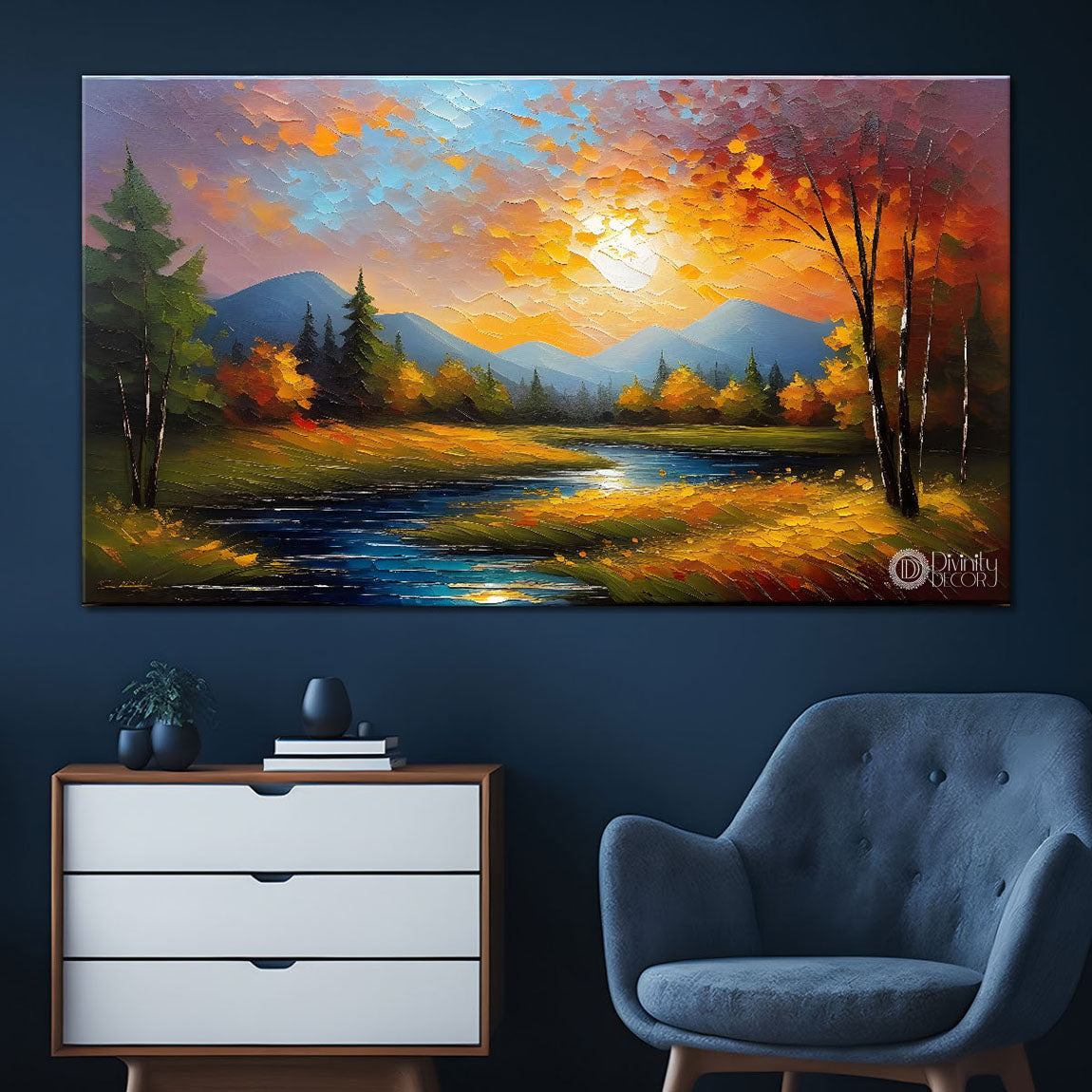 Sunset with trees and lake painting Canvas Painting - Nature Art -741
