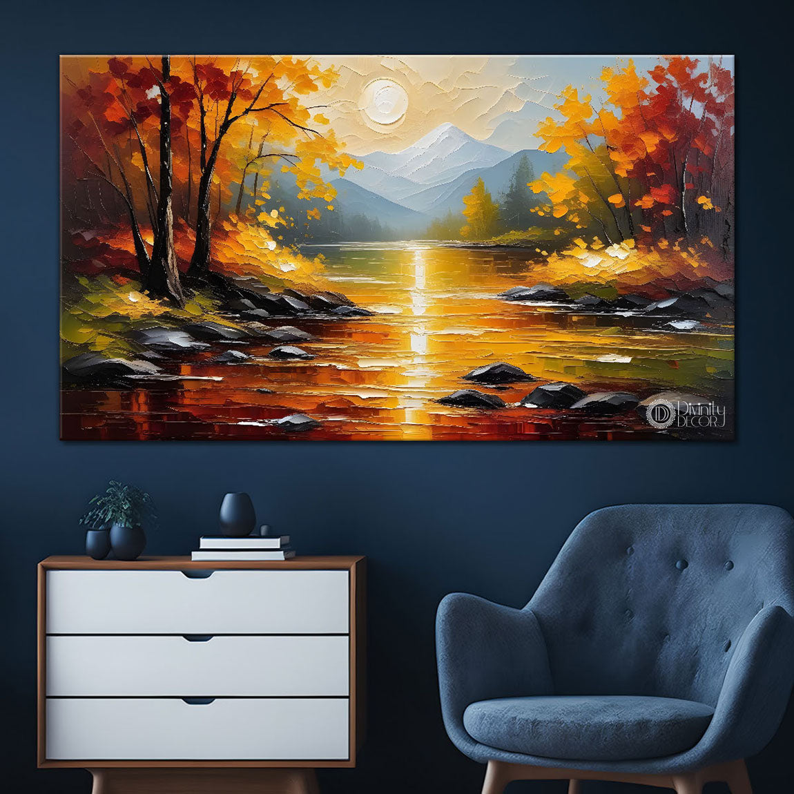 Orange trees with the lake painting Canvas Painting - Nature Art -743