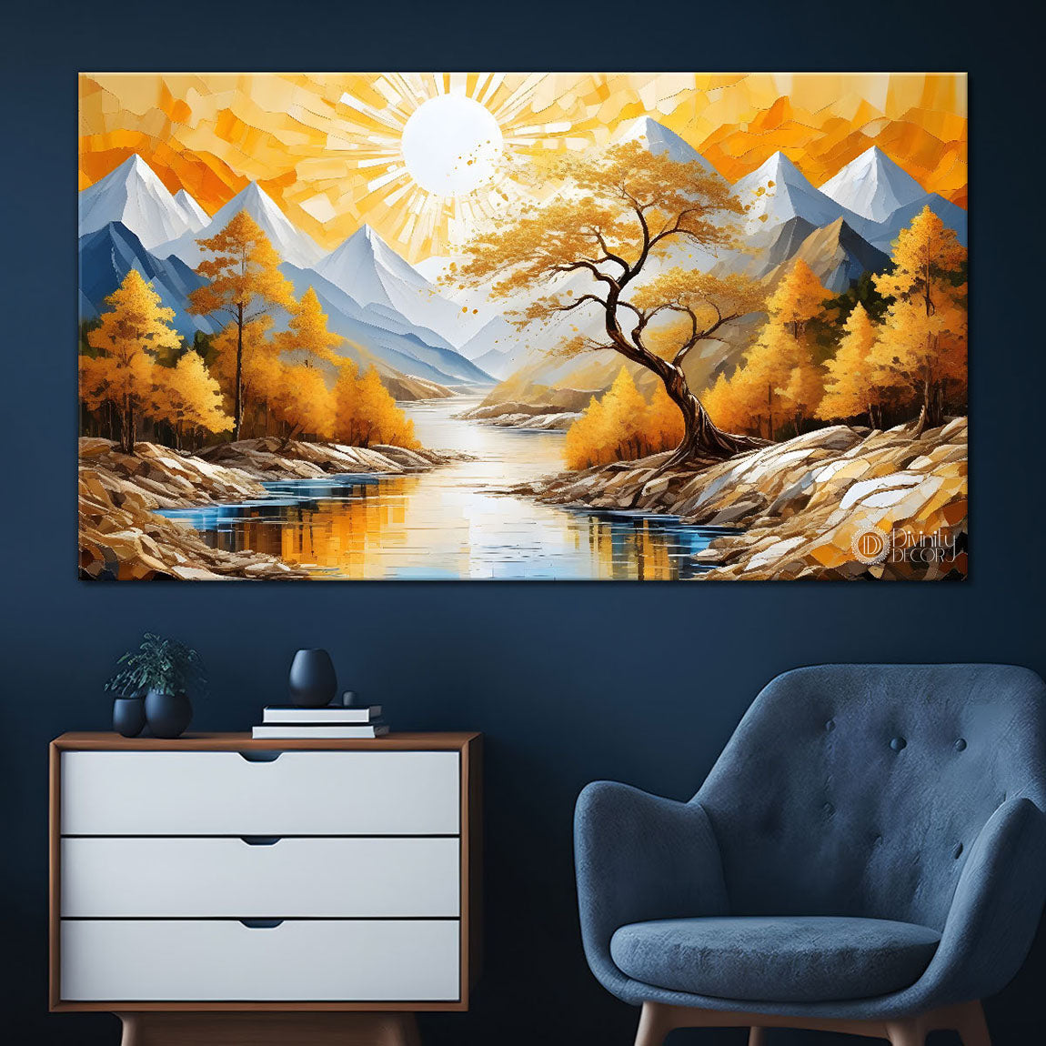 Mountains with the lake and golden trees painting Canvas Painting - Nature Art -744