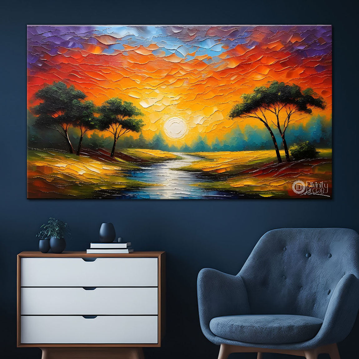 Trees with lake and sunset Canvas Painting - Nature Art -746
