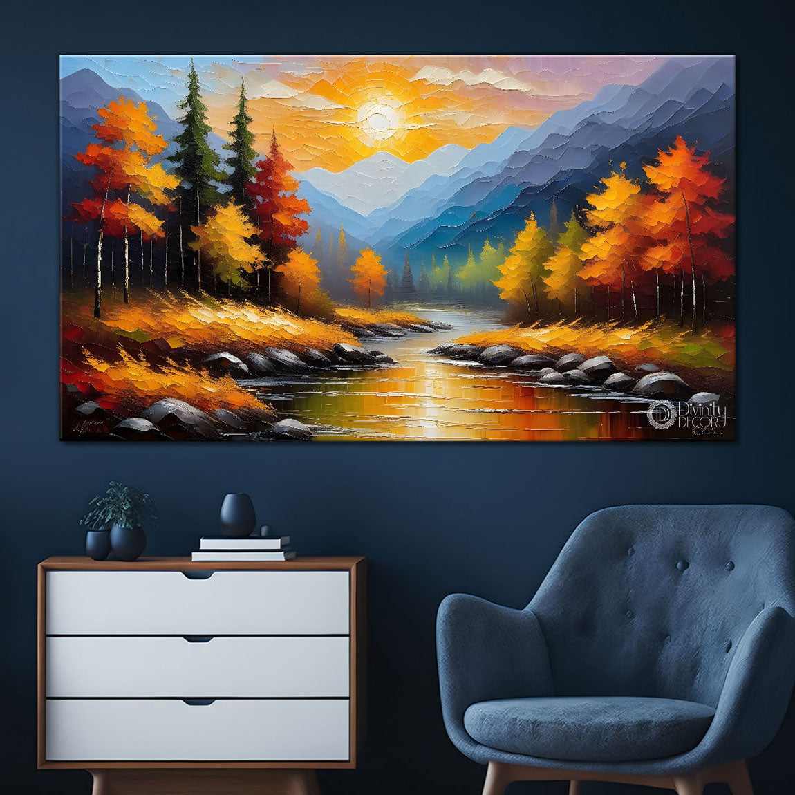 Trees with mountains and river with sunrise painting Canvas Painting - Nature Art -747