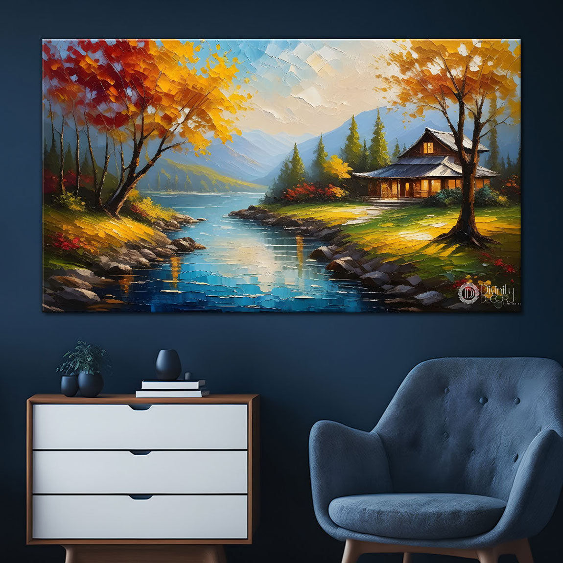 Orange trees with lake and mountains painting Canvas Painting - Nature Art -748