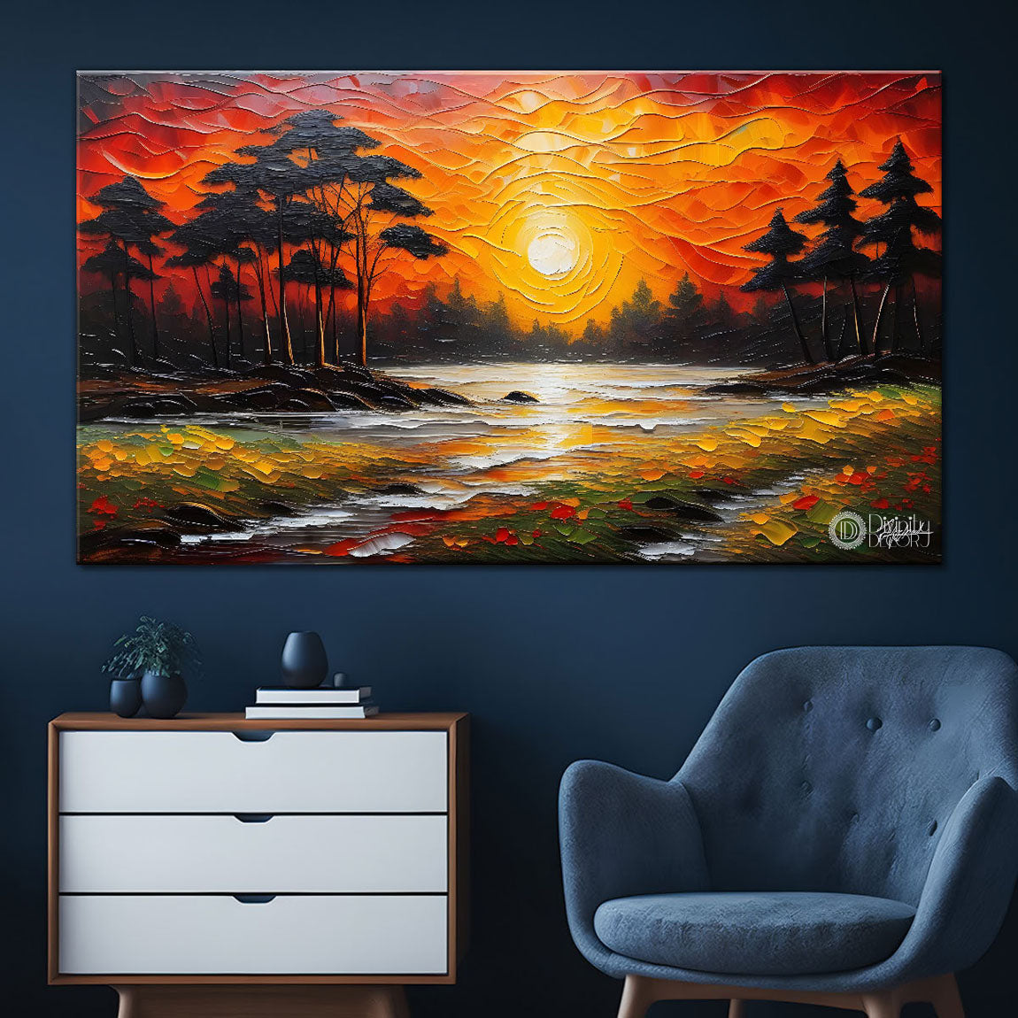 Sunset with trees and lake painting Canvas Painting - Nature Art -757