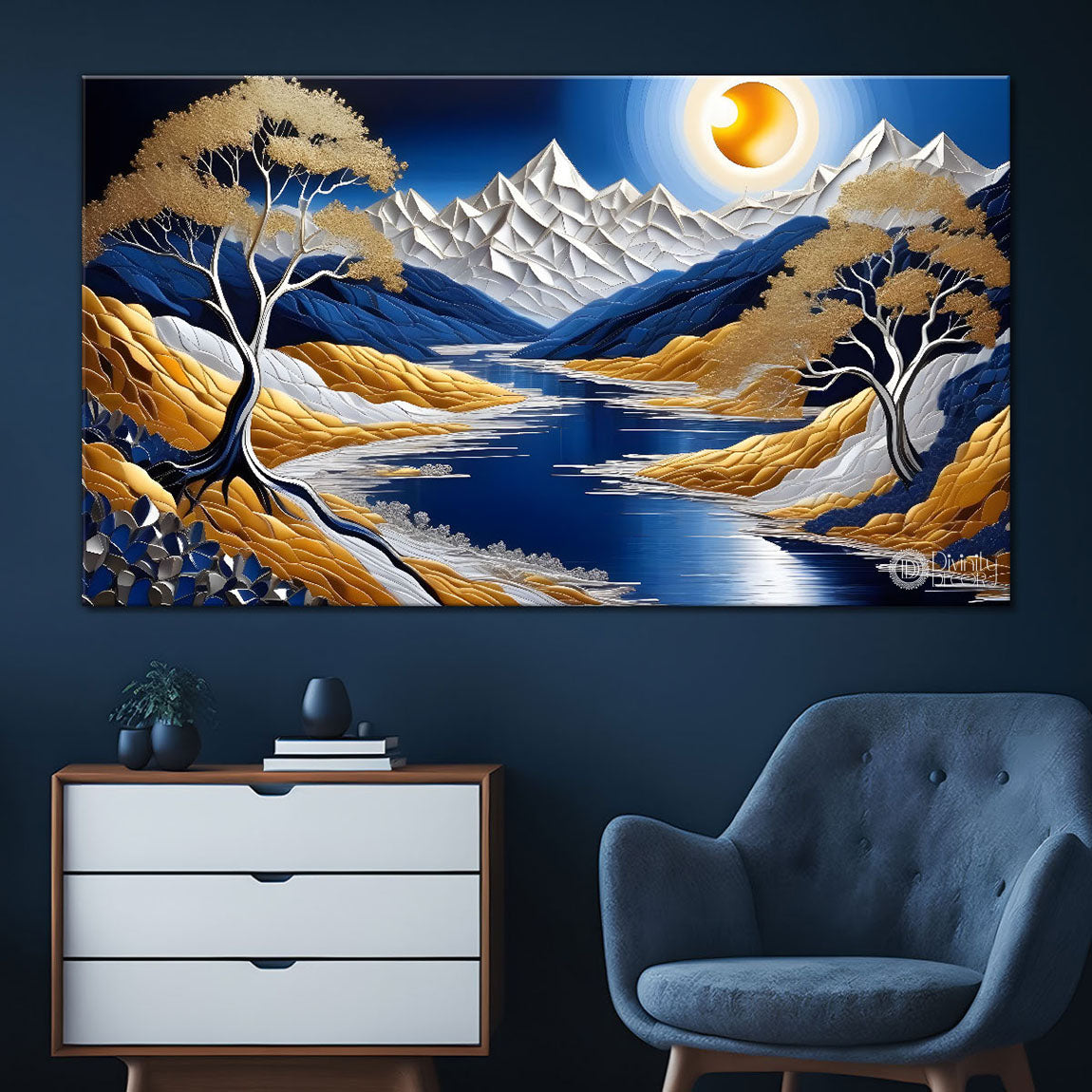 Blue mountains with golden moon and trees painting Canvas Painting - Nature Art -760