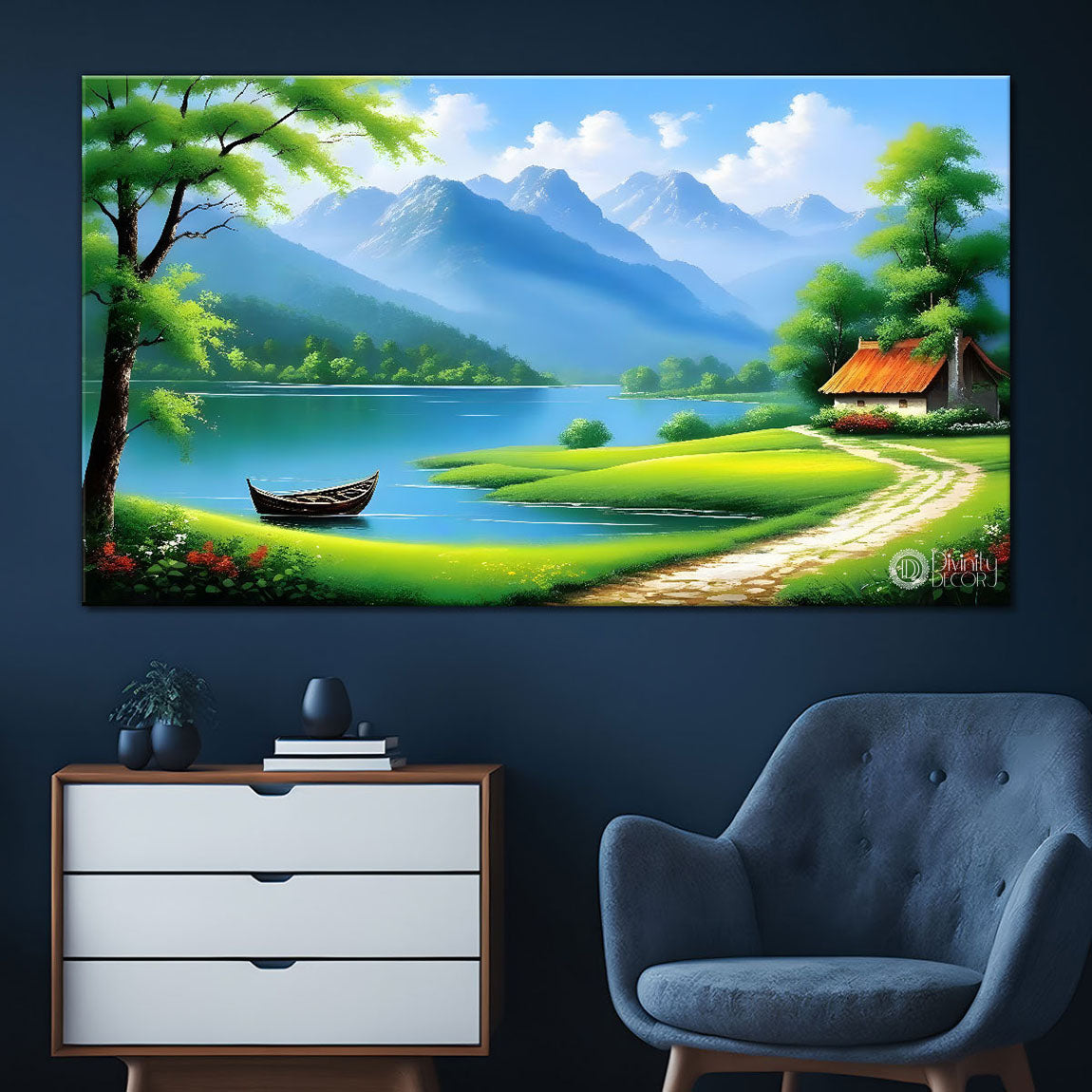 Mountains with the greenery, boat and house painting Canvas Painting - Nature Art -762