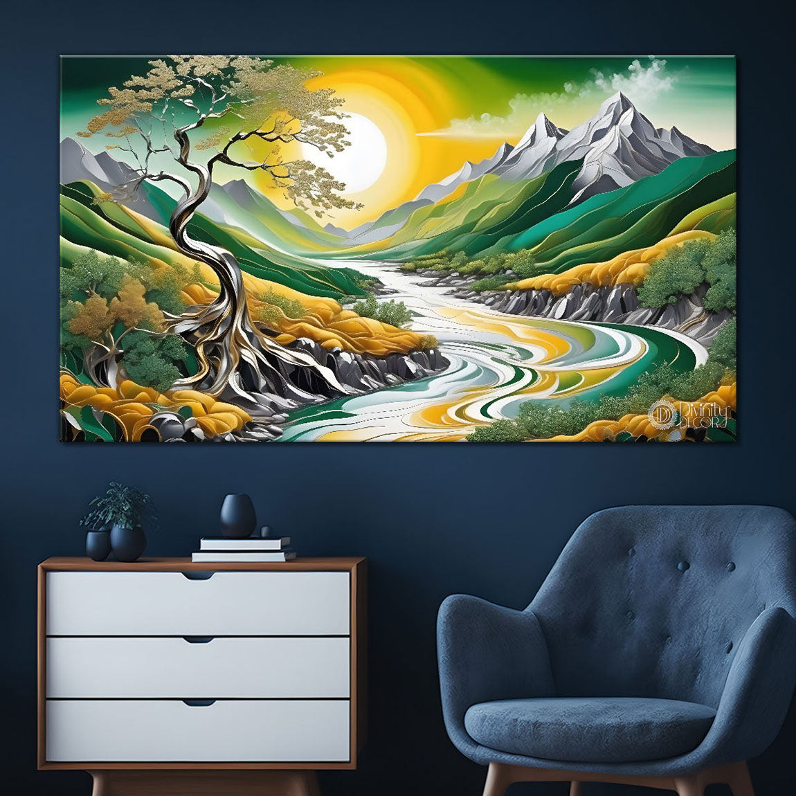 Green mountains with sun and trees painting Canvas Painting - Nature Art -764