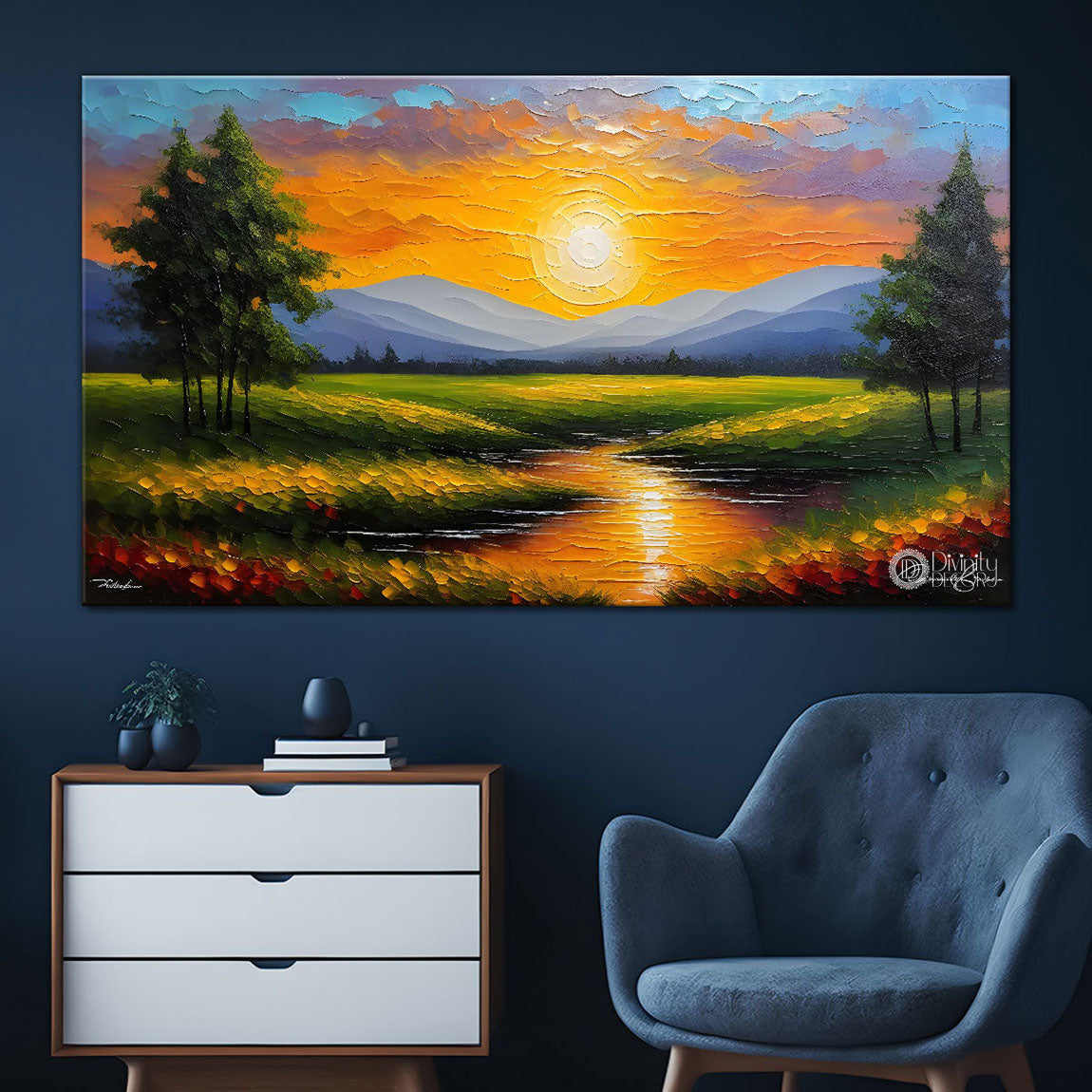 Mountains with the sunset and trees Canvas Painting - Nature Art -765