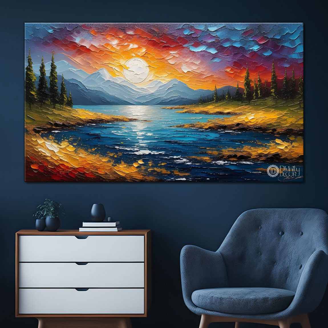 River with sunset view painting Canvas Painting - Nature Art -769