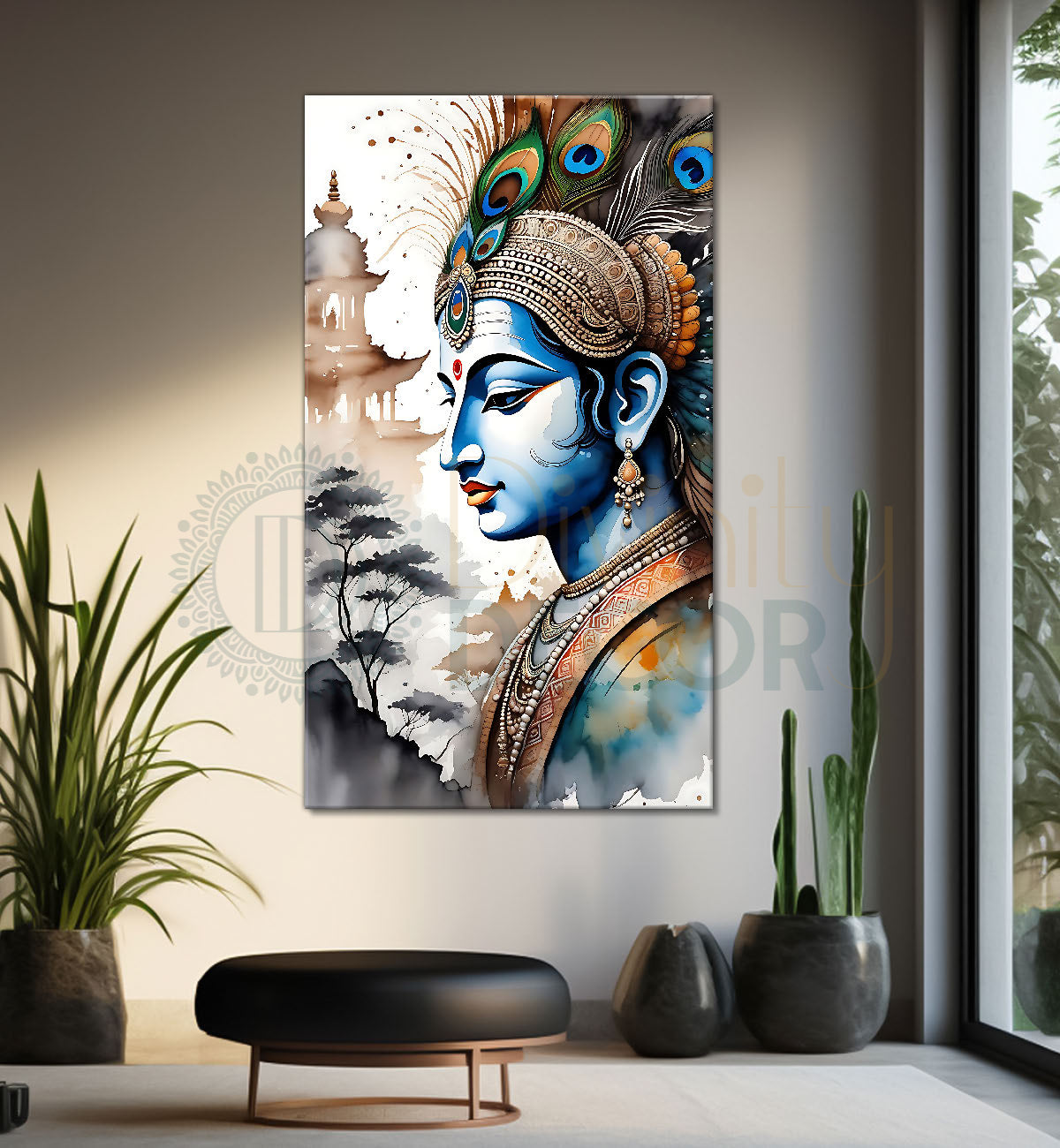 Blue face of krishna in grey and light brown water colour textured art Canvas Painting - Design - Krishna-V-76