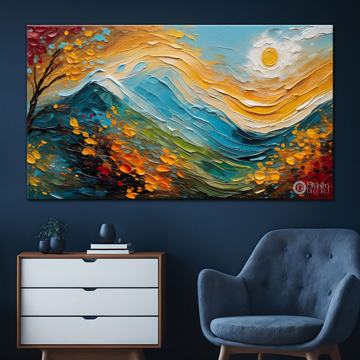 Mountains with tree and sun painting Canvas Painting - Nature Art -771