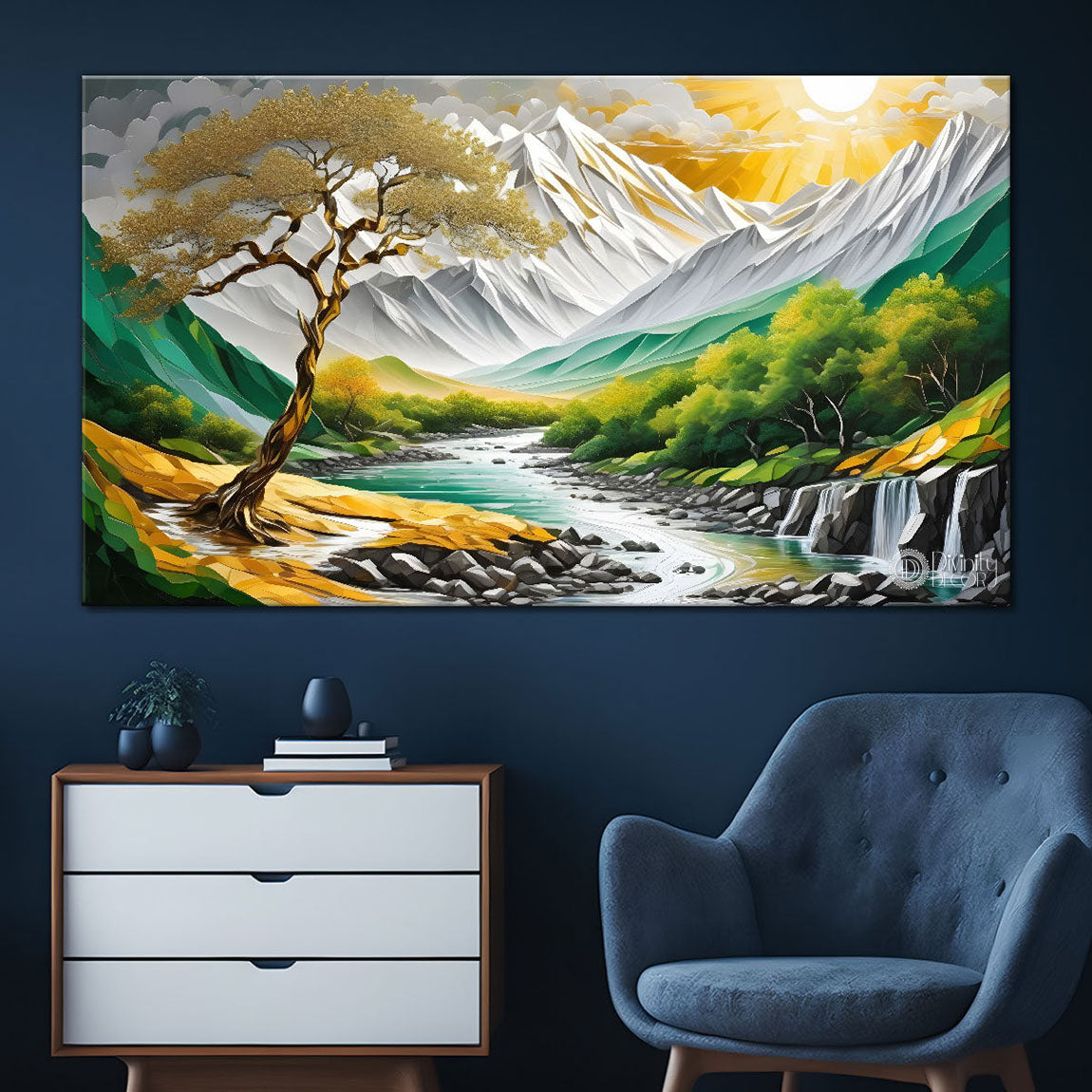 Green mountains with sun and trees painting Canvas Painting - Nature Art -773