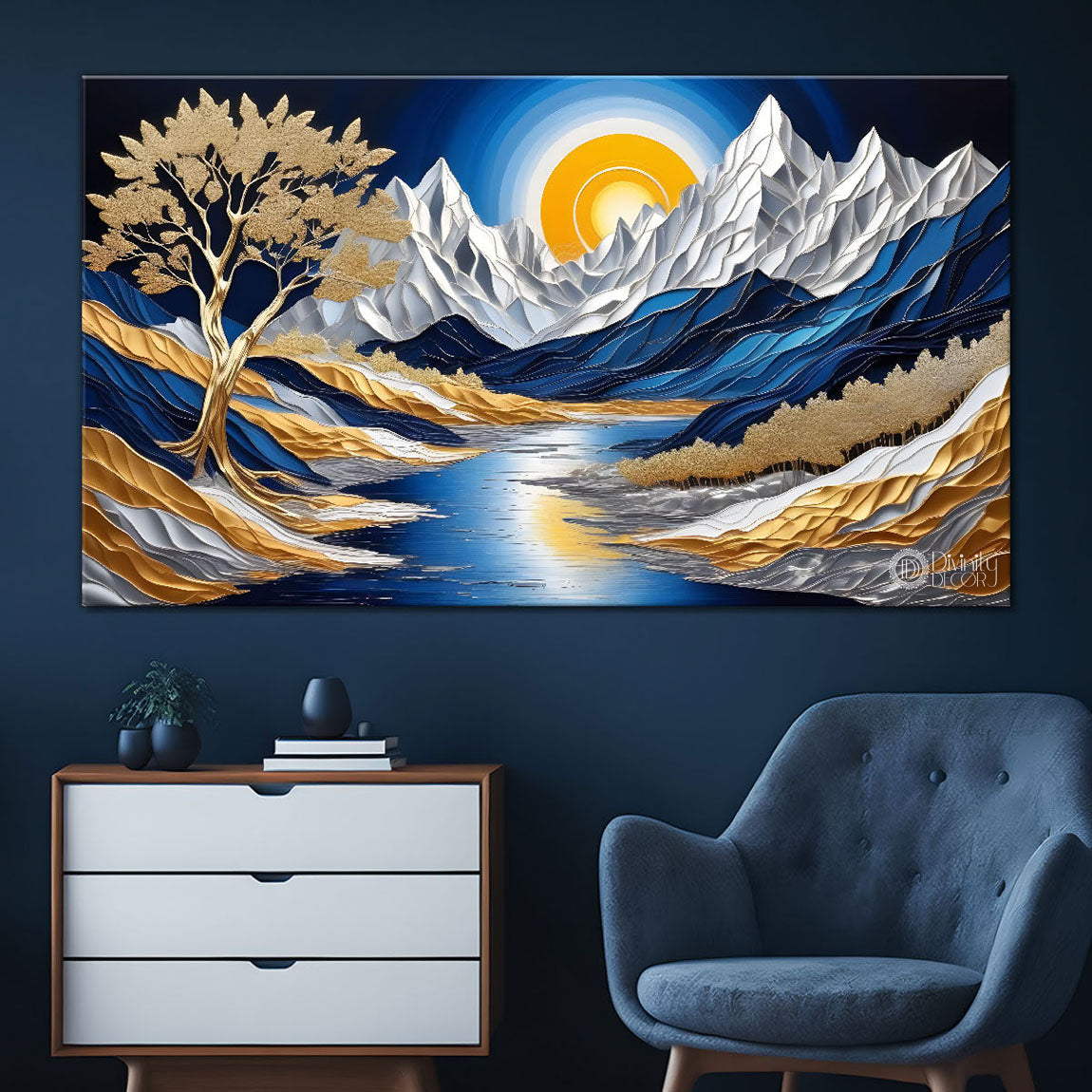 Blue mountains with the sun and trees Canvas Painting - Nature Art -774
