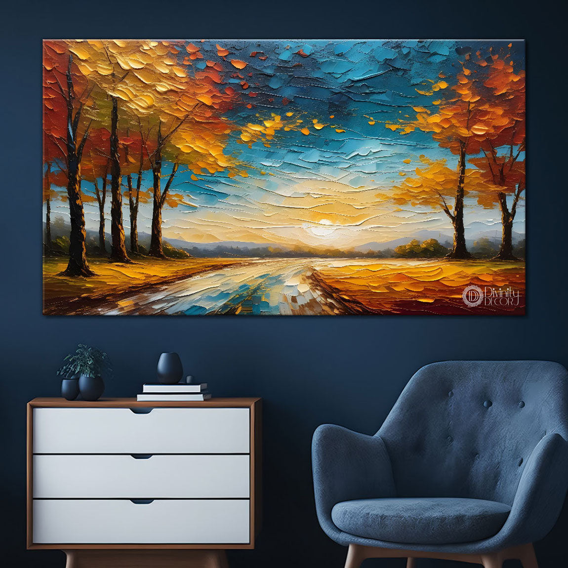 Orange trees with the lake painting Canvas Painting - Nature Art -775