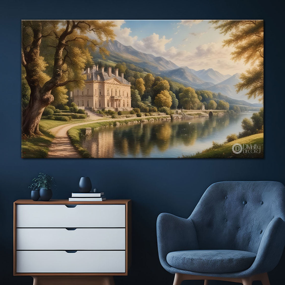 Castle with greenery and lake painting Canvas Painting - Nature Art -778