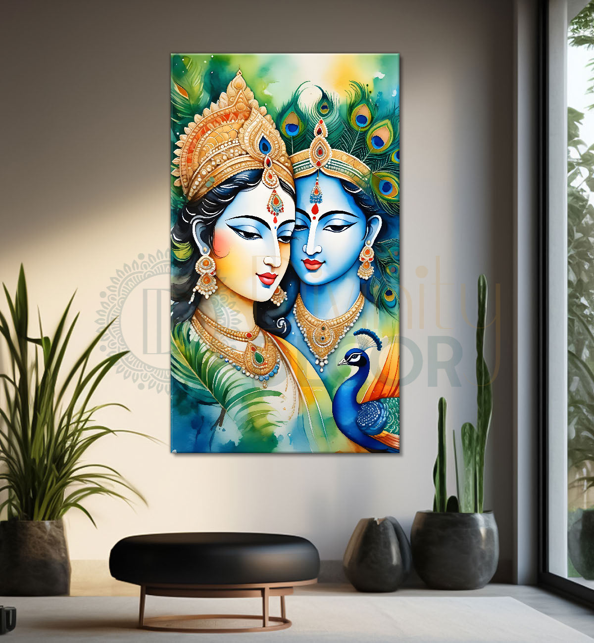 Blue face of krishna with radha in green background textured art Canvas Painting - Design - Krishna-V-77